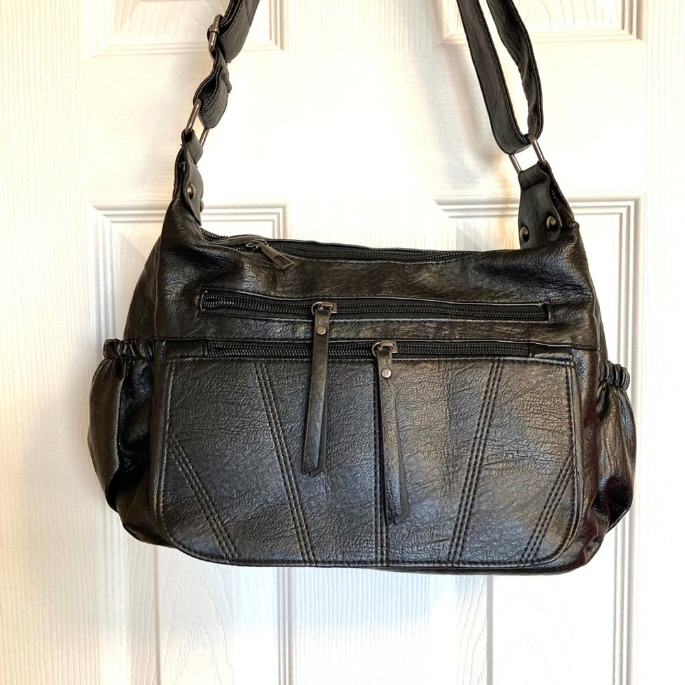 Black Multi Pocket Faux Leather Shoulder Bag